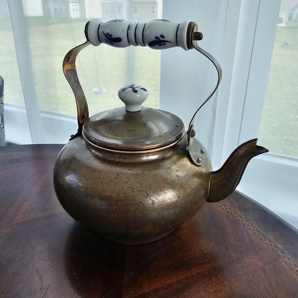 Vintage Copper Alloy Tea Kettle | Blue & White Porcelain Handle